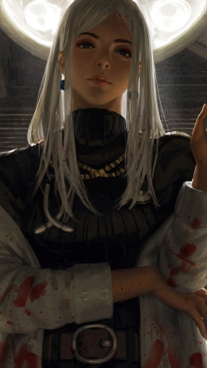 Anime girl with white hair and bloody coat