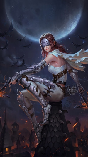 Fantasy warrior woman with crossbows and blindfold