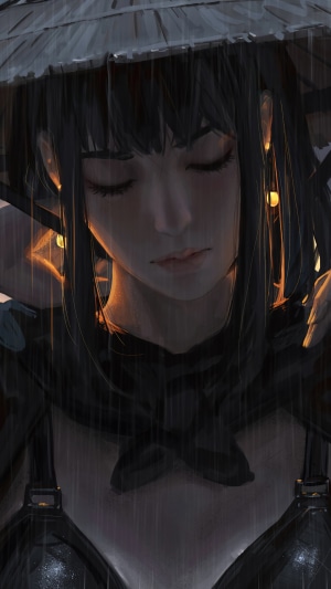 Girl in conical hat in the rain