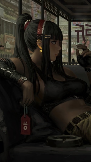 Woman smoking in a futuristic setting