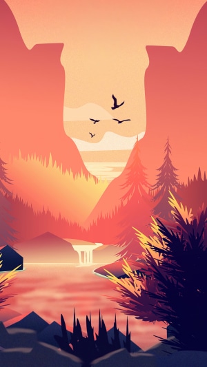 Minimalist sunset over a river with mountains and birds