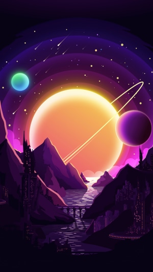 Alien planet landscape with large sun and rings