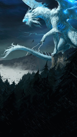 White Dragon with Blue Lightning on Mountain Peak