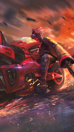 Man in mask riding a red motorcycle