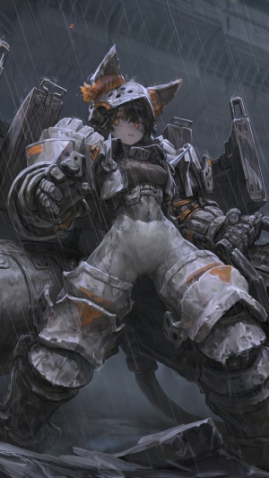 Girl in mech suit holding a weapon in the rain