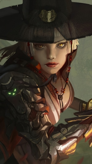 Fantasy warrior girl with a hat and armor
