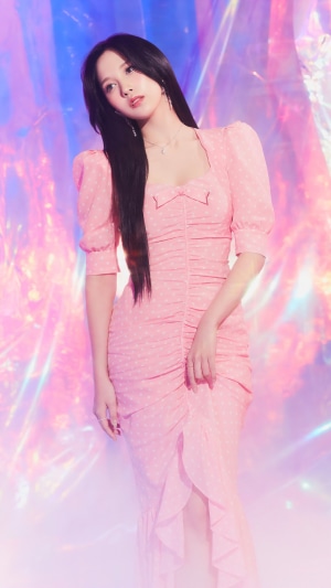 Mina from TWICE wearing a pink dress