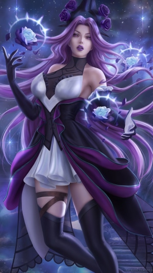 Syndra from League of Legends with purple roses