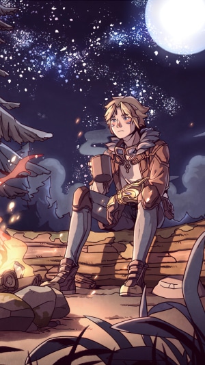 Ezreal from League of Legends sitting by a campfire at night