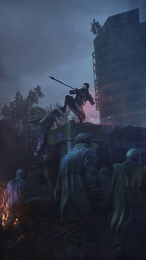 Dying Light 2: A survivor fights zombies on a bus