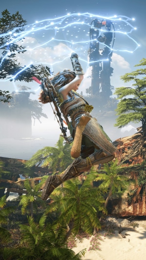 Aloy from Horizon Forbidden West in mid-air