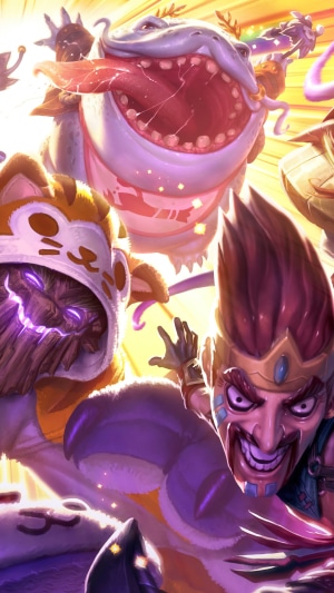 League of Legends Splash Art featuring Tahm Kench, Maokai, Draven, and Vel'Koz