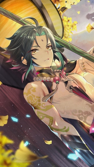 Xiao from Genshin Impact with yellow leaves