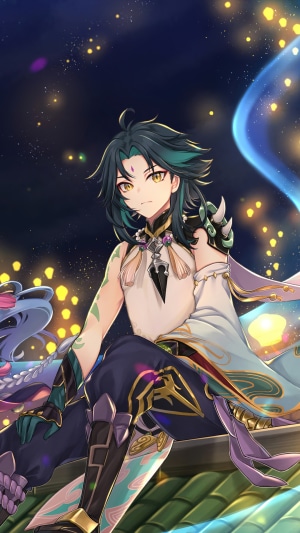 Xiao from Genshin Impact sitting at night