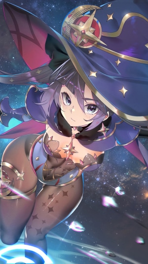 Mona from Genshin Impact in a starry background