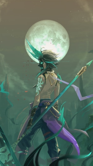 Xiao from Genshin Impact under the moon