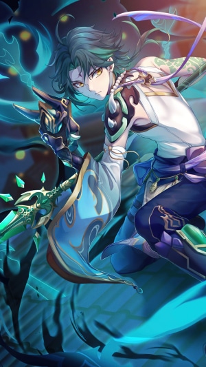 Xiao from Genshin Impact with a polearm