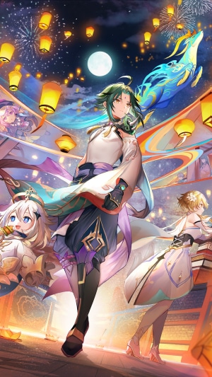 Xiao and friends at a lantern festival in Genshin Impact