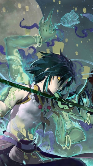 Xiao from Genshin Impact with spectral figures