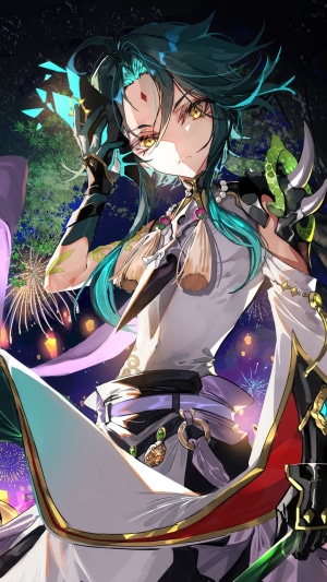 Xiao from Genshin Impact with fireworks