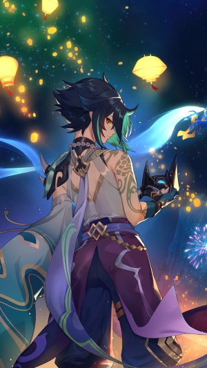 Xiao from Genshin Impact in Night Sky Scene