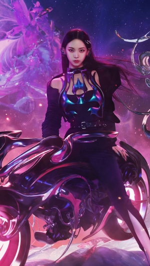 Karina from Aespa on a futuristic motorcycle