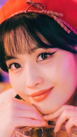 Momo from TWICE wearing a red beret