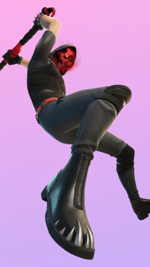 Fortnite character with red skull mask and pickaxe