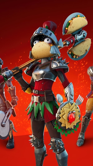 Fortnite characters with taco-themed armor and weapons
