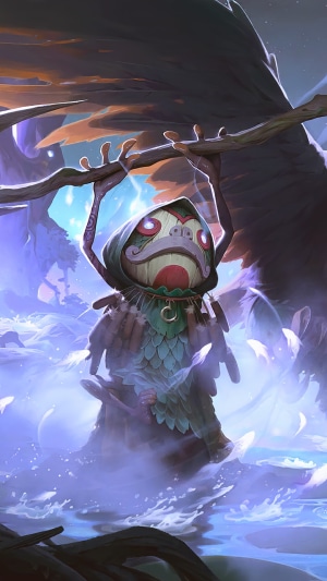 A creature from Legends of Runeterra hangs from a branch