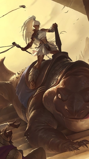 Girl riding a large lizard creature in Legends of Runeterra