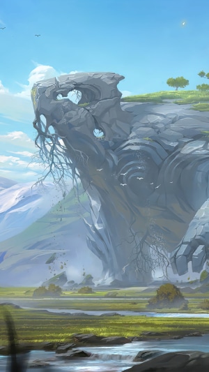 Fantasy landscape with giant stone creature and river