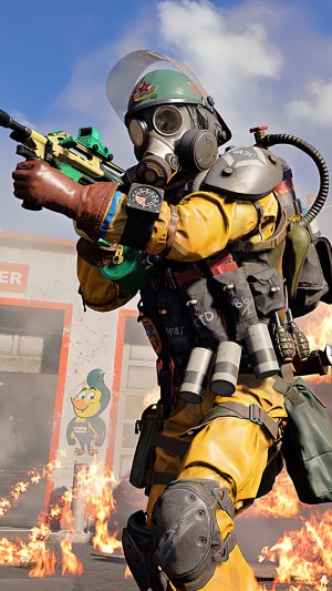 Call of Duty Black Ops Cold War character with gas mask and weapon
