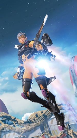 Valkyrie from Apex Legends flying with jetpack