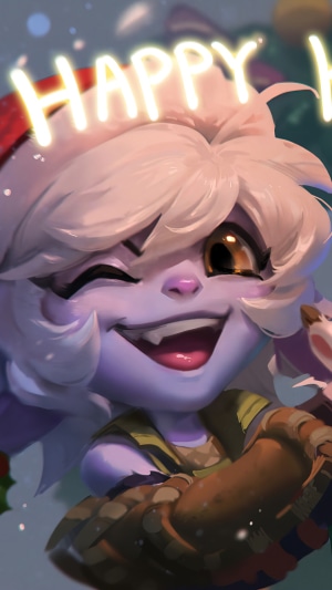 Tristana from League of Legends with Happy Holidays text
