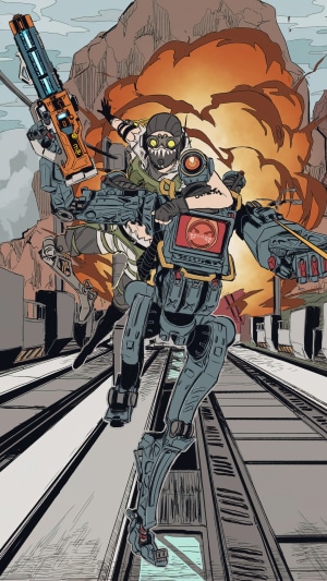 Octane and Pathfinder from Apex Legends in an explosion