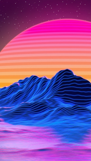 Synthwave Digital Art Sunset Over Mountains