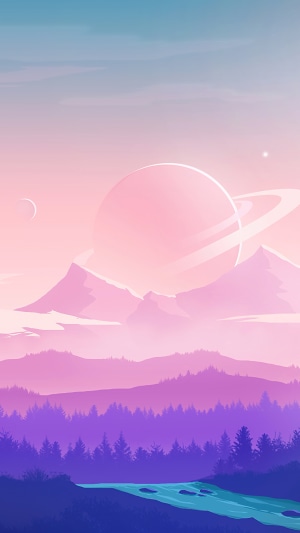 Digital art of a planet with rings over mountains