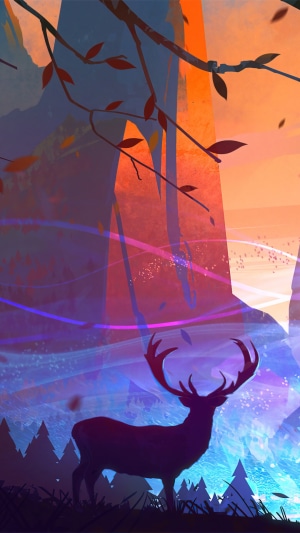 Fantasy forest with a deer silhouette at sunset
