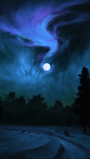 Wolf howling at the moon under aurora borealis