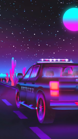 Sheriff car driving on a road at night with a starry sky