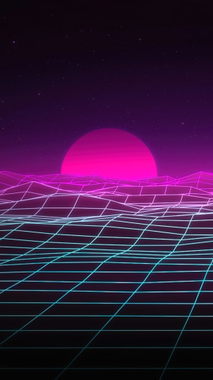 Synthwave grid landscape with neon sun