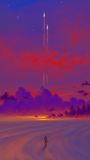 Digital art of rockets launching at sunset over a desert landscape