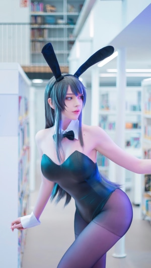 Girl in Bunny Suit Cosplay in Library