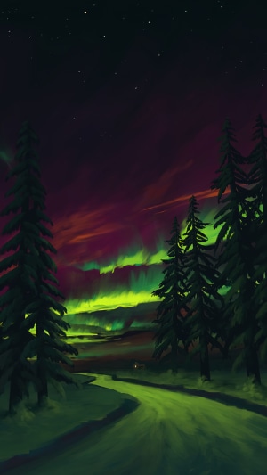 Aurora Borealis over a snowy landscape with pine trees