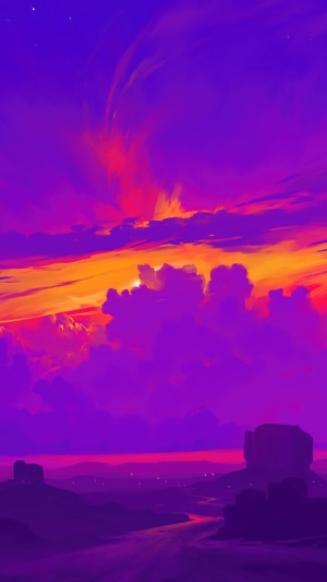 Digital art of a vibrant sunset over a desert landscape