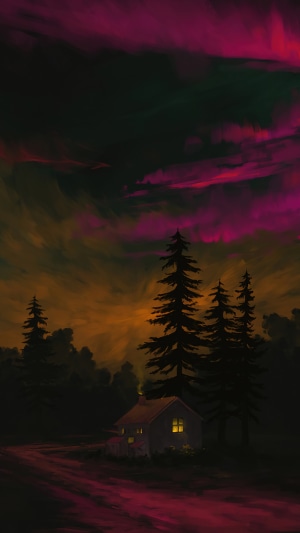 A cabin in the woods under a colorful night sky