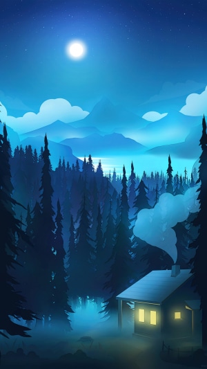 Nighttime forest scene with a cabin and moon