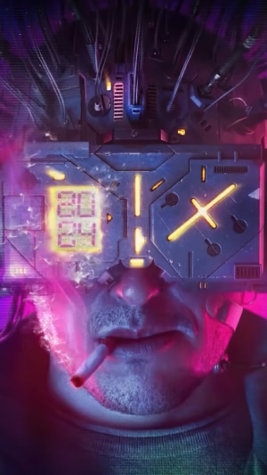 Man wearing cyberpunk goggles and smoking