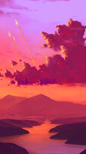 Digital art of mountains and a river at sunset